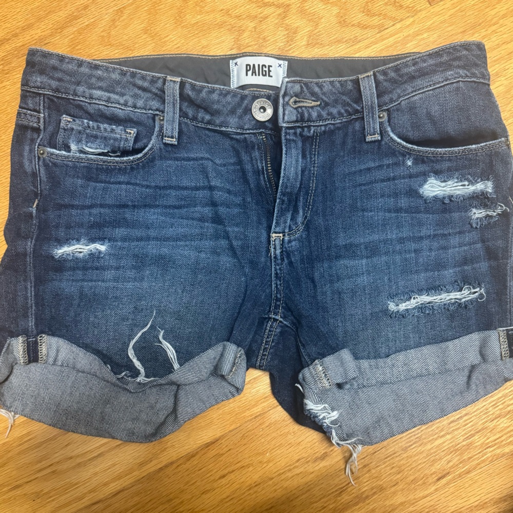 Paige denim jean shorts medium wash size 26 distressed